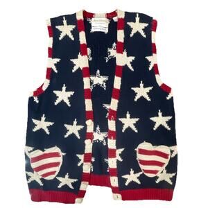 Marisa Christina Sweater‎ Vest L Hand Knit Patriotic Flag Red White Blue USA